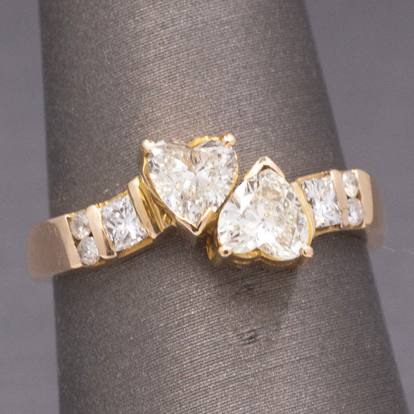 Darling Double Heart Diamond "Toi et Moi" Band Ring in 14k Yellow Gold