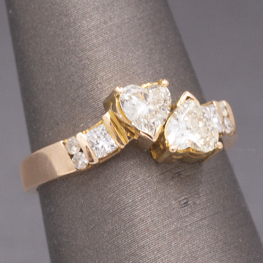 Darling Double Heart Diamond "Toi et Moi" Band Ring in 14k Yellow Gold