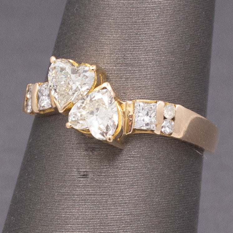 Darling Double Heart Diamond "Toi et Moi" Band Ring in 14k Yellow Gold