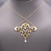 Art Nouveau Diamond Emerald and Pearl Lavalier Necklace in 14k Yellow Gold