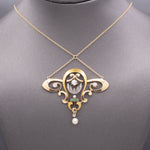 Art Nouveau Diamond Emerald and Pearl Lavalier Necklace in 14k Yellow Gold