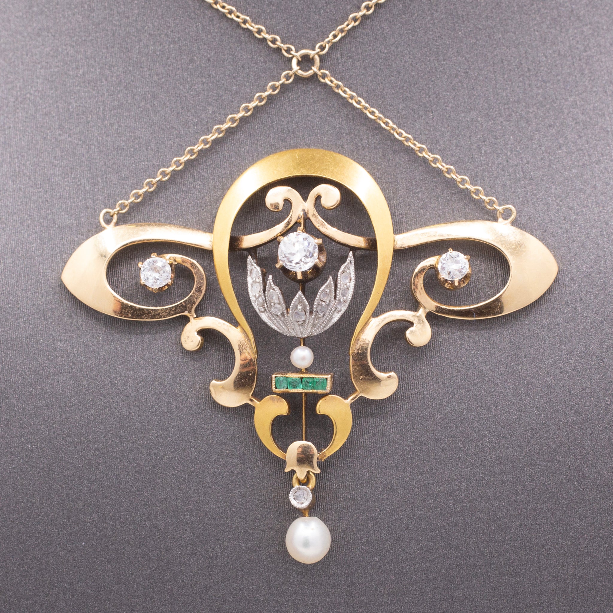 Art Nouveau Diamond Emerald and Pearl Lavalier Necklace in 14k Yellow Gold