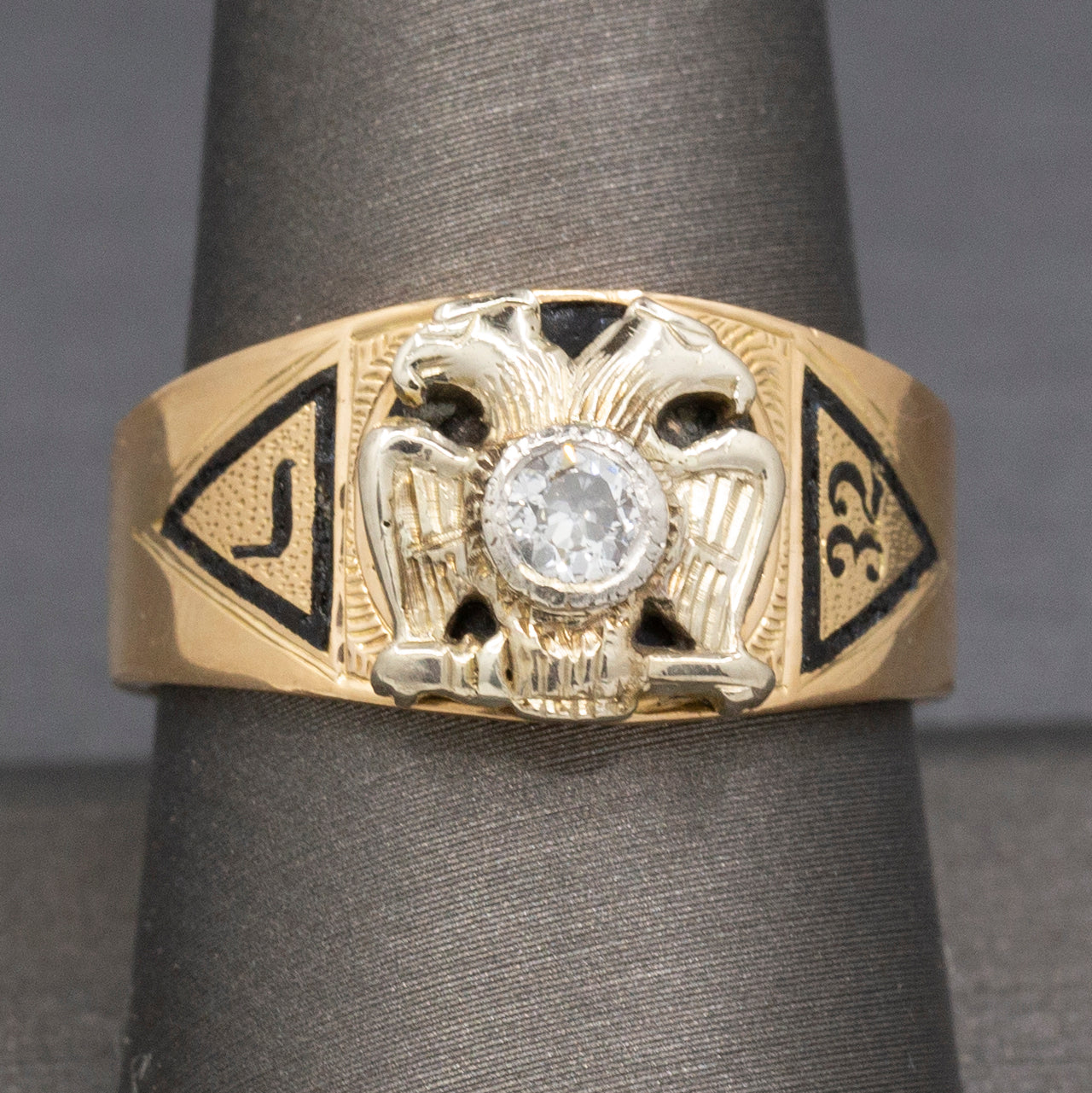 Men's Free Mason Masonic Band Ring in 14k Yellow Gold with Old European Cut Diamond and Double Eagle Heads