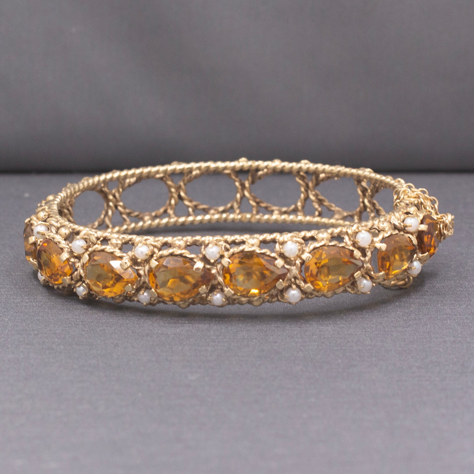Vintage Pear Cut Citrine and Pearl Bangle Bracelet in 14k Yellow Gold
