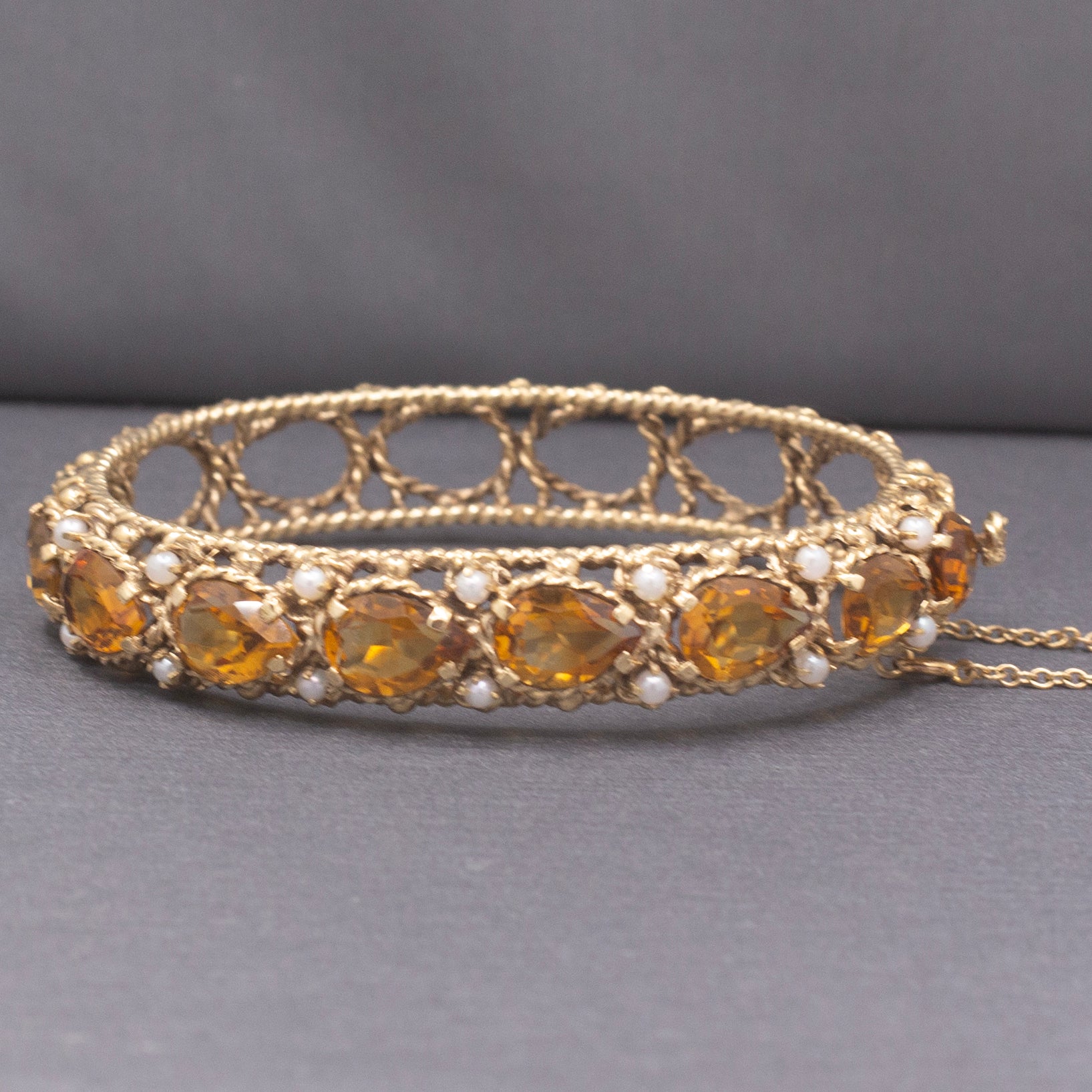 Vintage Pear Cut Citrine and Pearl Bangle Bracelet in 14k Yellow Gold