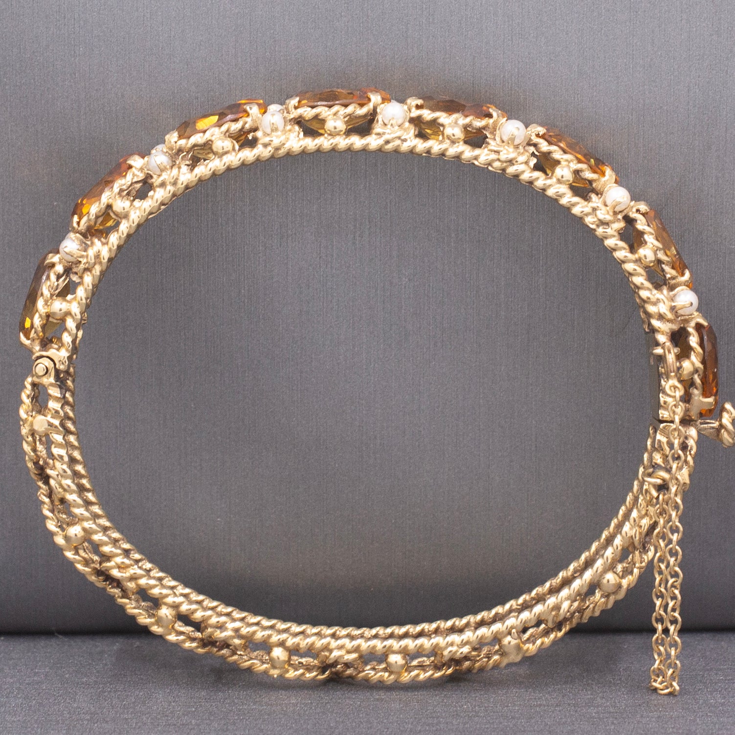 Vintage Pear Cut Citrine and Pearl Bangle Bracelet in 14k Yellow Gold