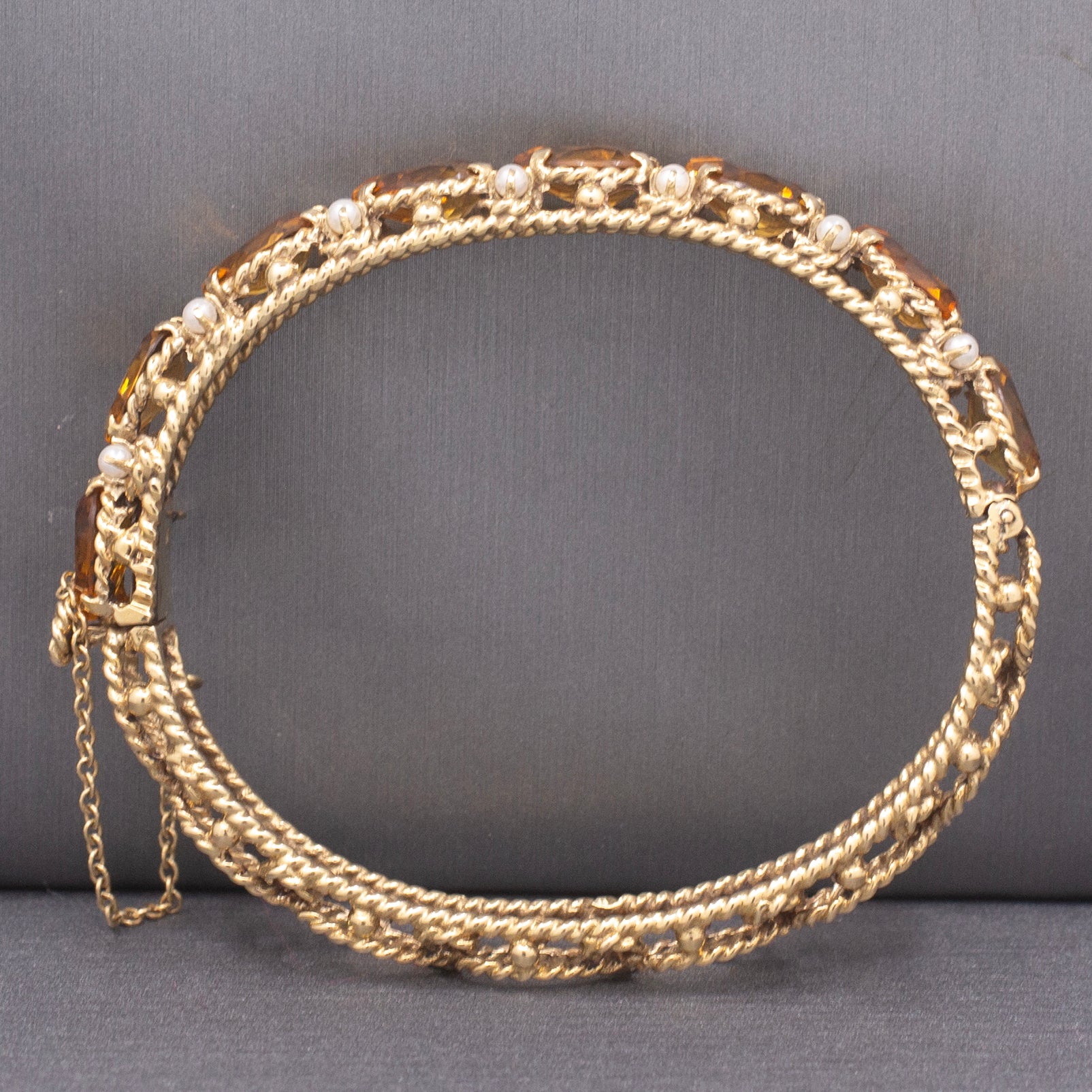 Vintage Pear Cut Citrine and Pearl Bangle Bracelet in 14k Yellow Gold