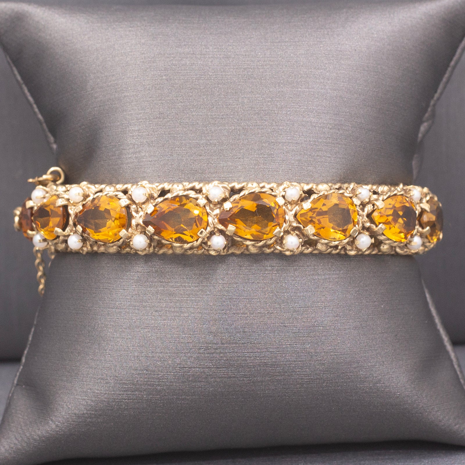 Vintage Pear Cut Citrine and Pearl Bangle Bracelet in 14k Yellow Gold