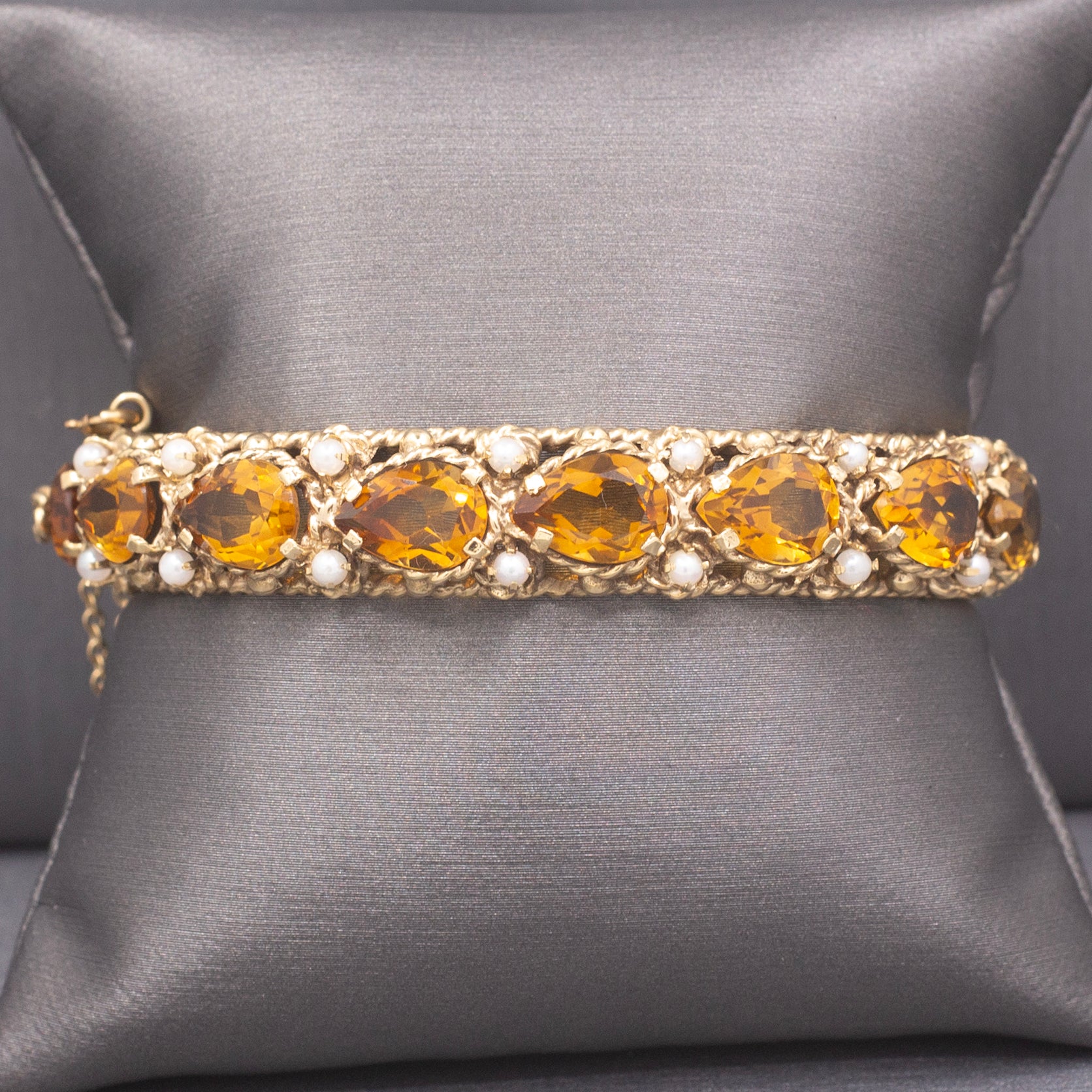 Vintage Pear Cut Citrine and Pearl Bangle Bracelet in 14k Yellow Gold