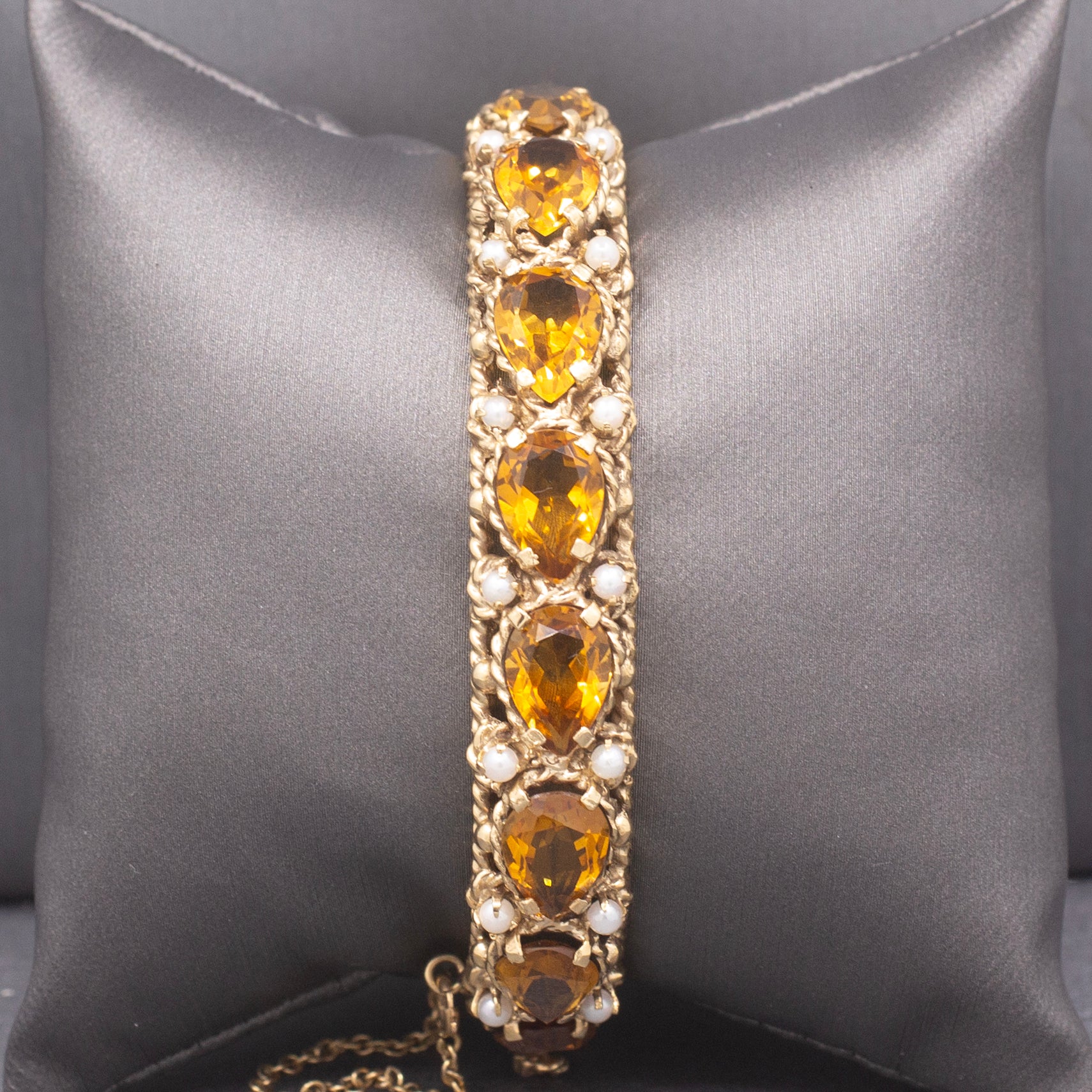Vintage Pear Cut Citrine and Pearl Bangle Bracelet in 14k Yellow Gold