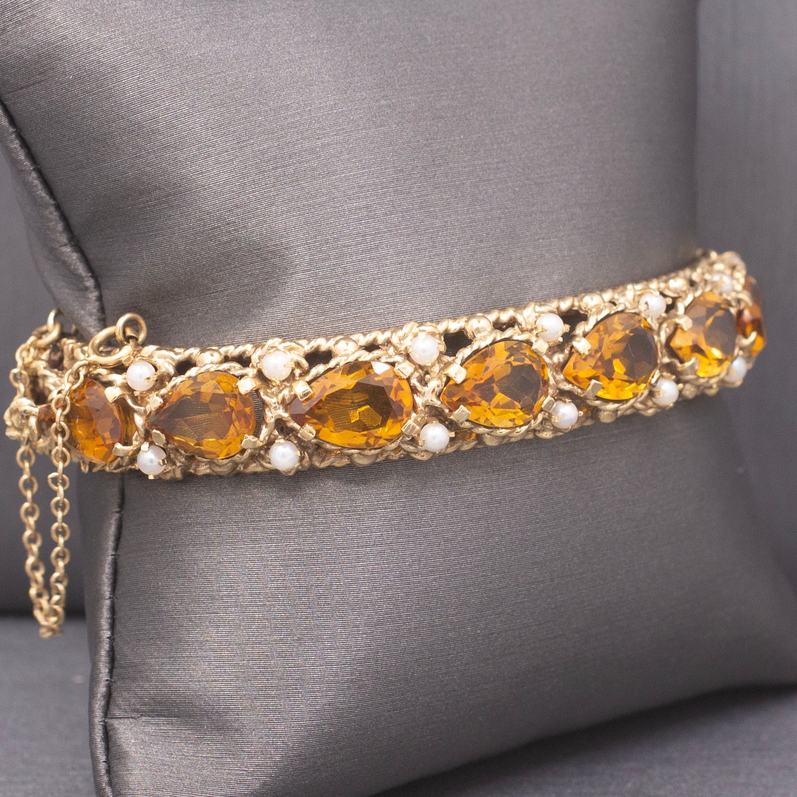 Vintage Pear Cut Citrine and Pearl Bangle Bracelet in 14k Yellow Gold