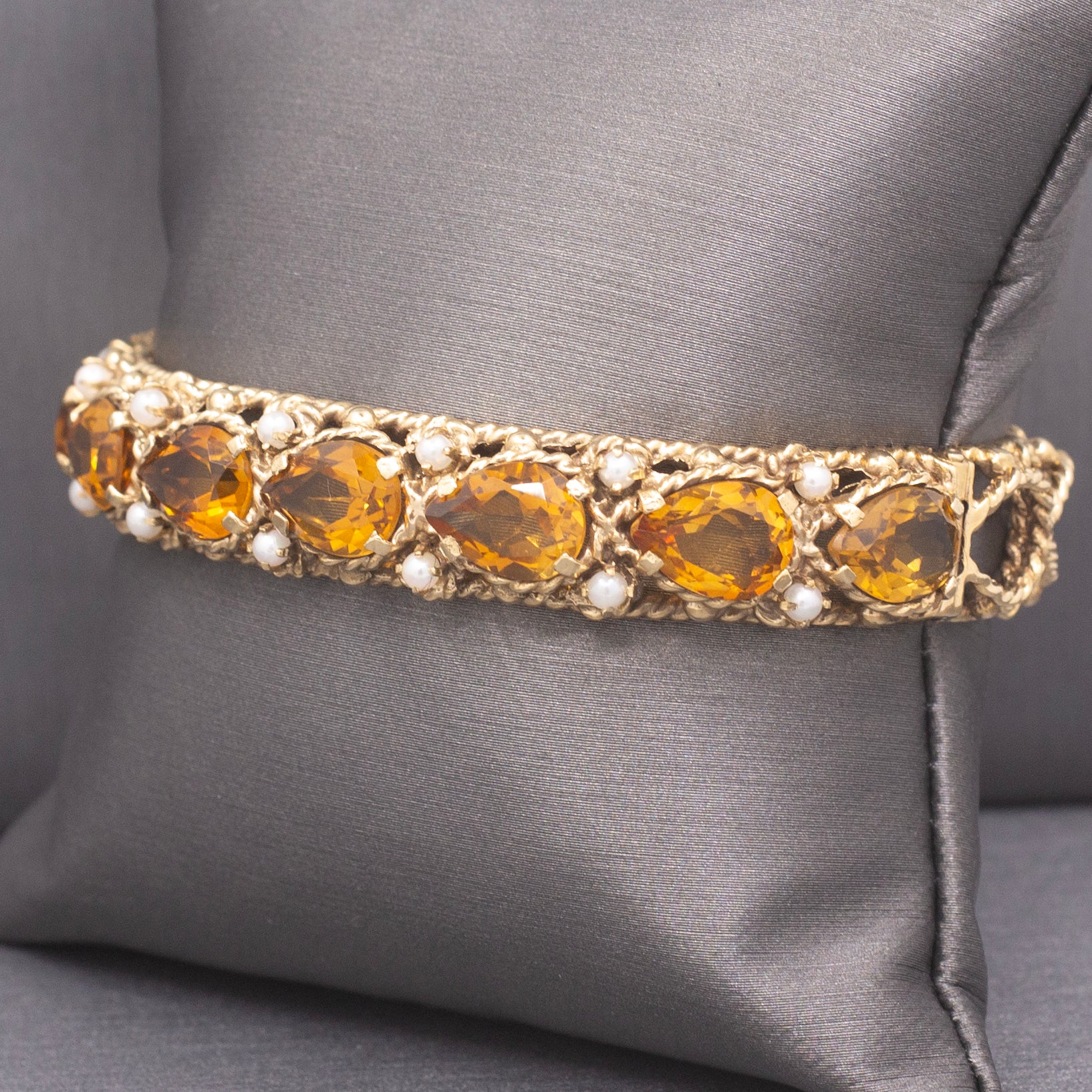 Vintage Pear Cut Citrine and Pearl Bangle Bracelet in 14k Yellow Gold