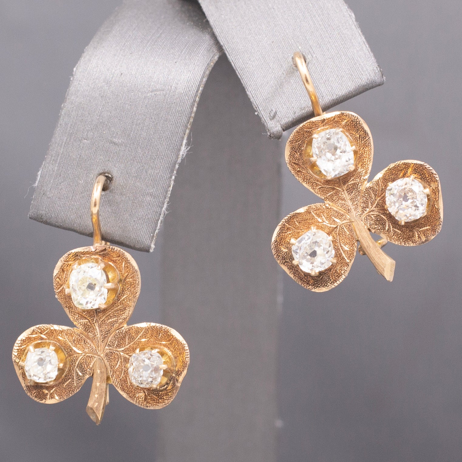 Charming Antique Old Mine Cut Diamond Clover Earrings in 14k Yellow Gold