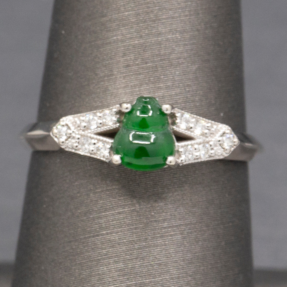 Vintage Type A Jadeite Jade and Diamond Petite Ring in 14k White Gold