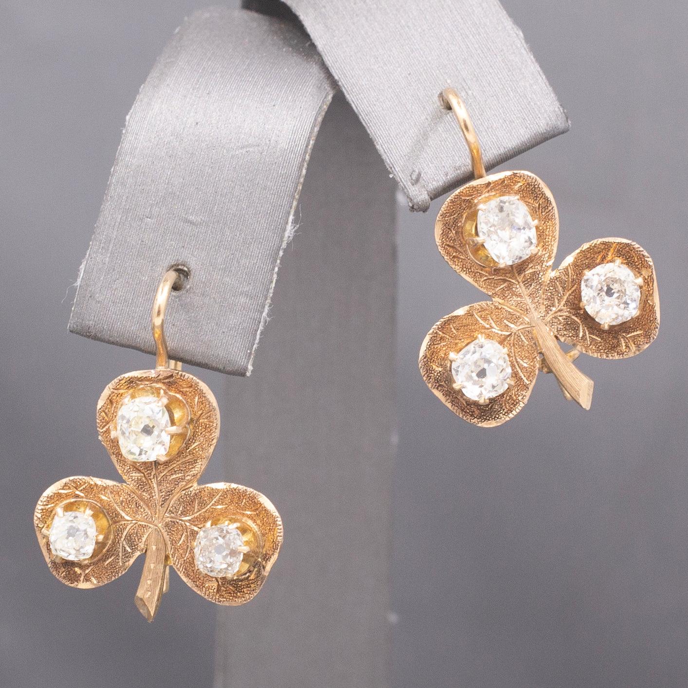 Charming Antique Old Mine Cut Diamond Clover Earrings in 14k Yellow Gold