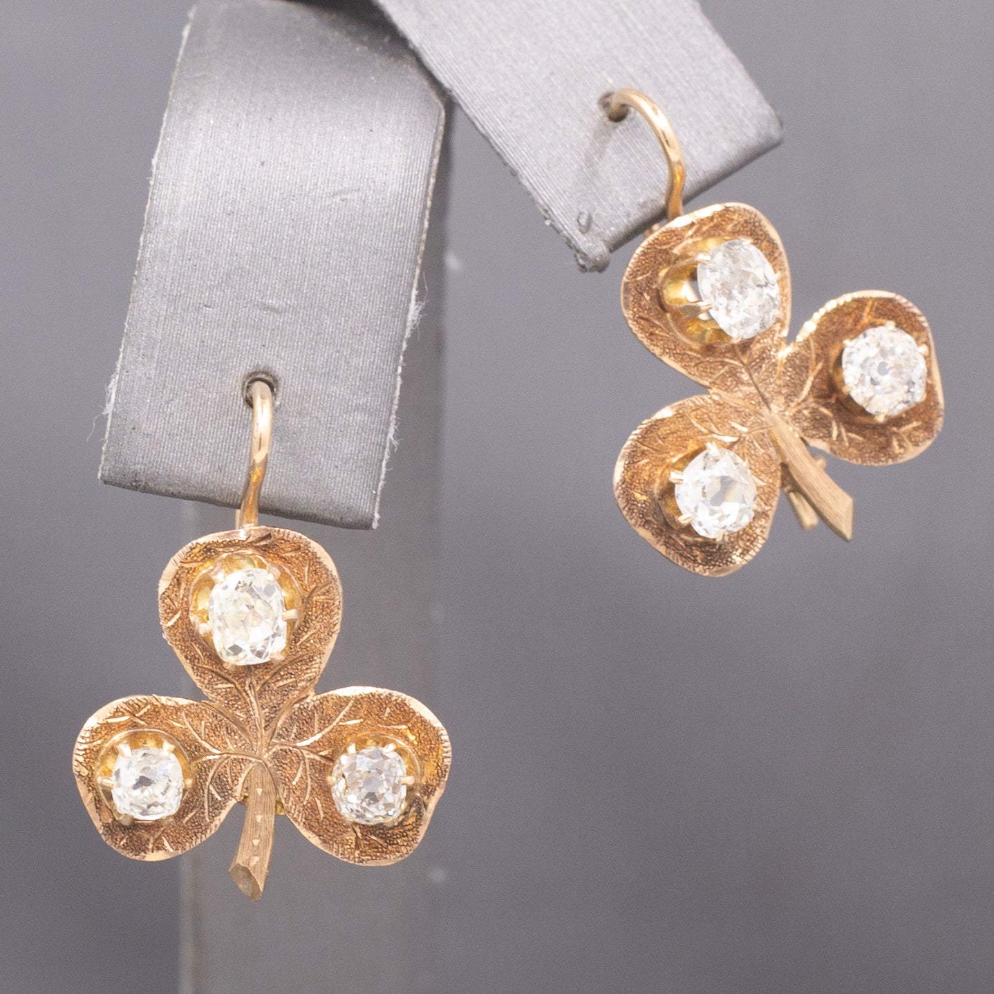Charming Antique Old Mine Cut Diamond Clover Earrings in 14k Yellow Gold
