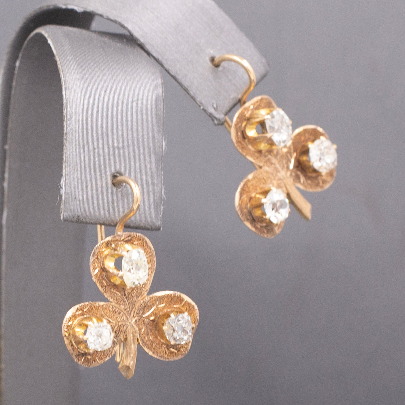 Charming Antique Old Mine Cut Diamond Clover Earrings in 14k Yellow Gold