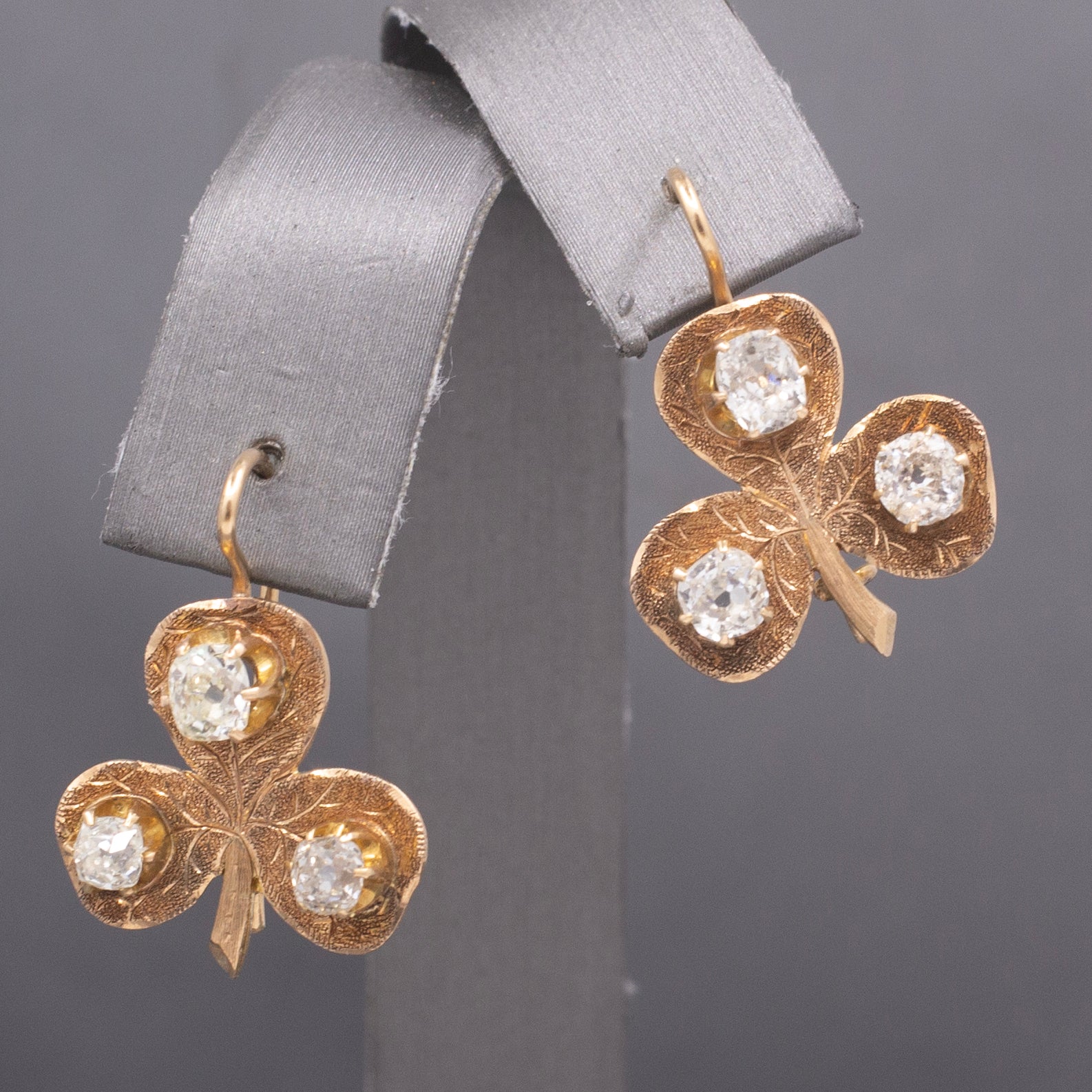 Charming Antique Old Mine Cut Diamond Clover Earrings in 14k Yellow Gold