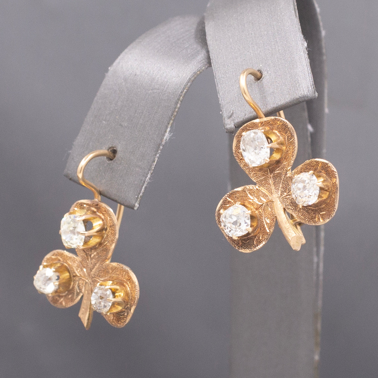 Charming Antique Old Mine Cut Diamond Clover Earrings in 14k Yellow Gold