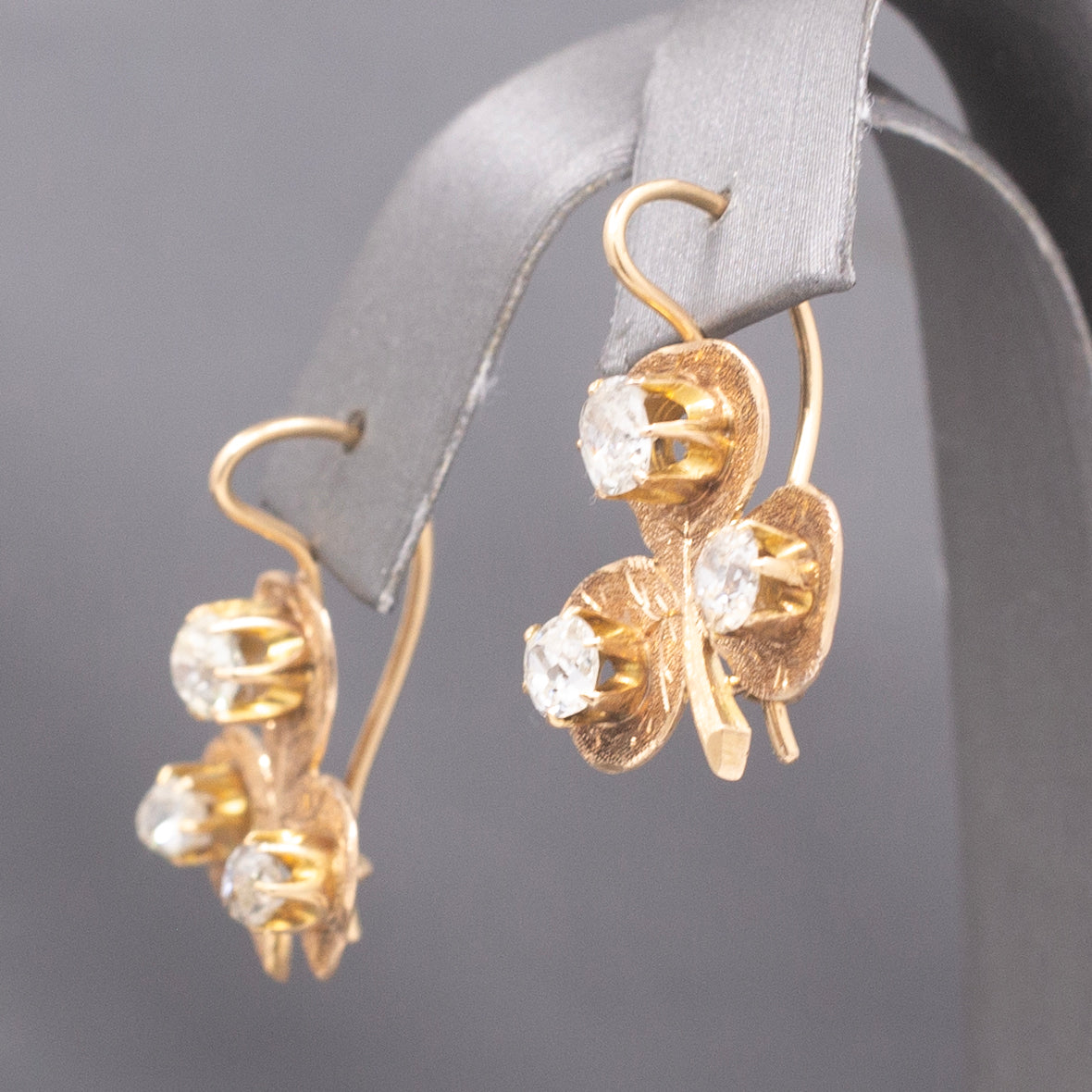 Charming Antique Old Mine Cut Diamond Clover Earrings in 14k Yellow Gold