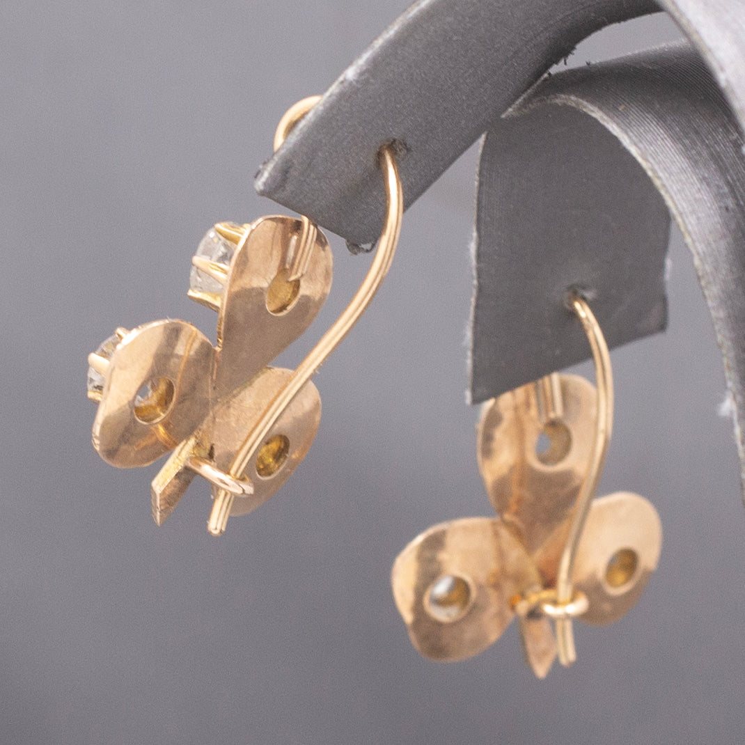 Charming Antique Old Mine Cut Diamond Clover Earrings in 14k Yellow Gold