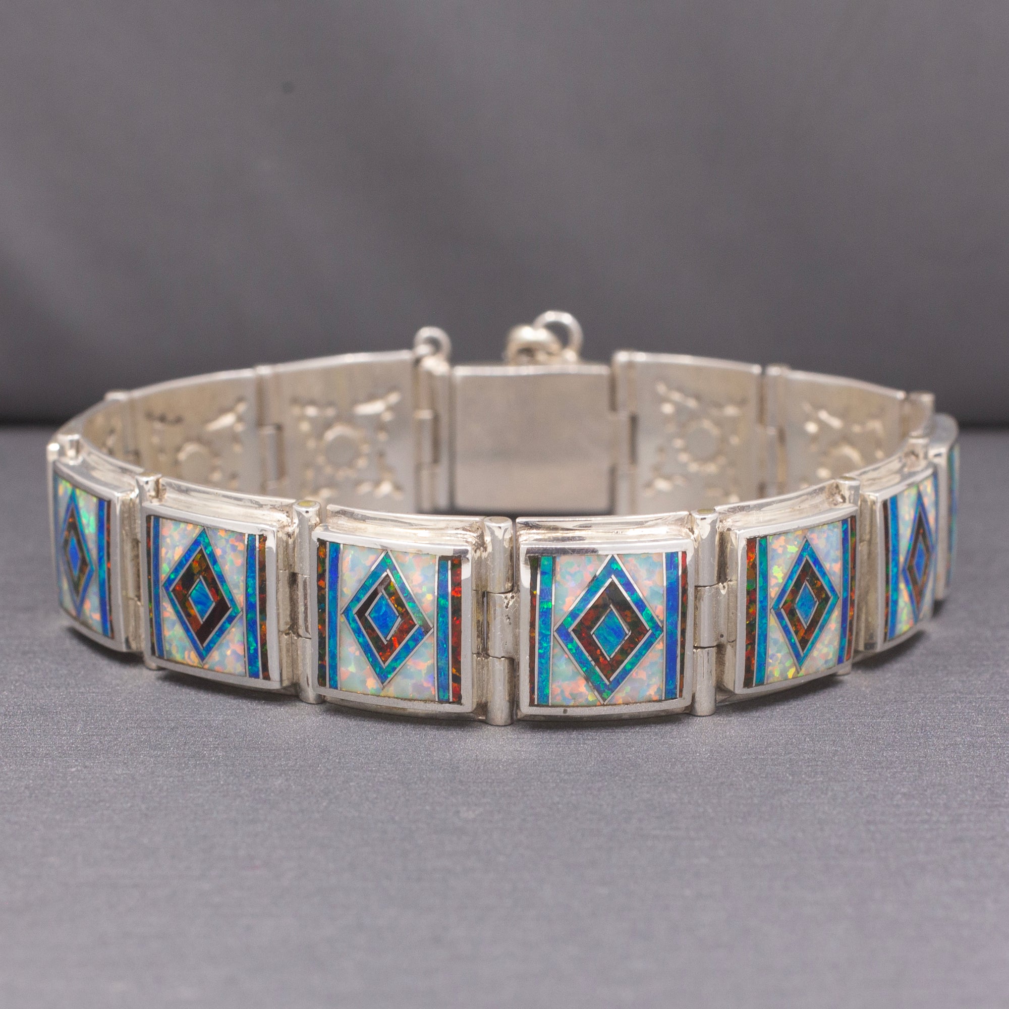Bold Vintage M. Benally Men's Opal Inlay Bracelet in Sterling Silver 8" | Southwestern Geometric Link