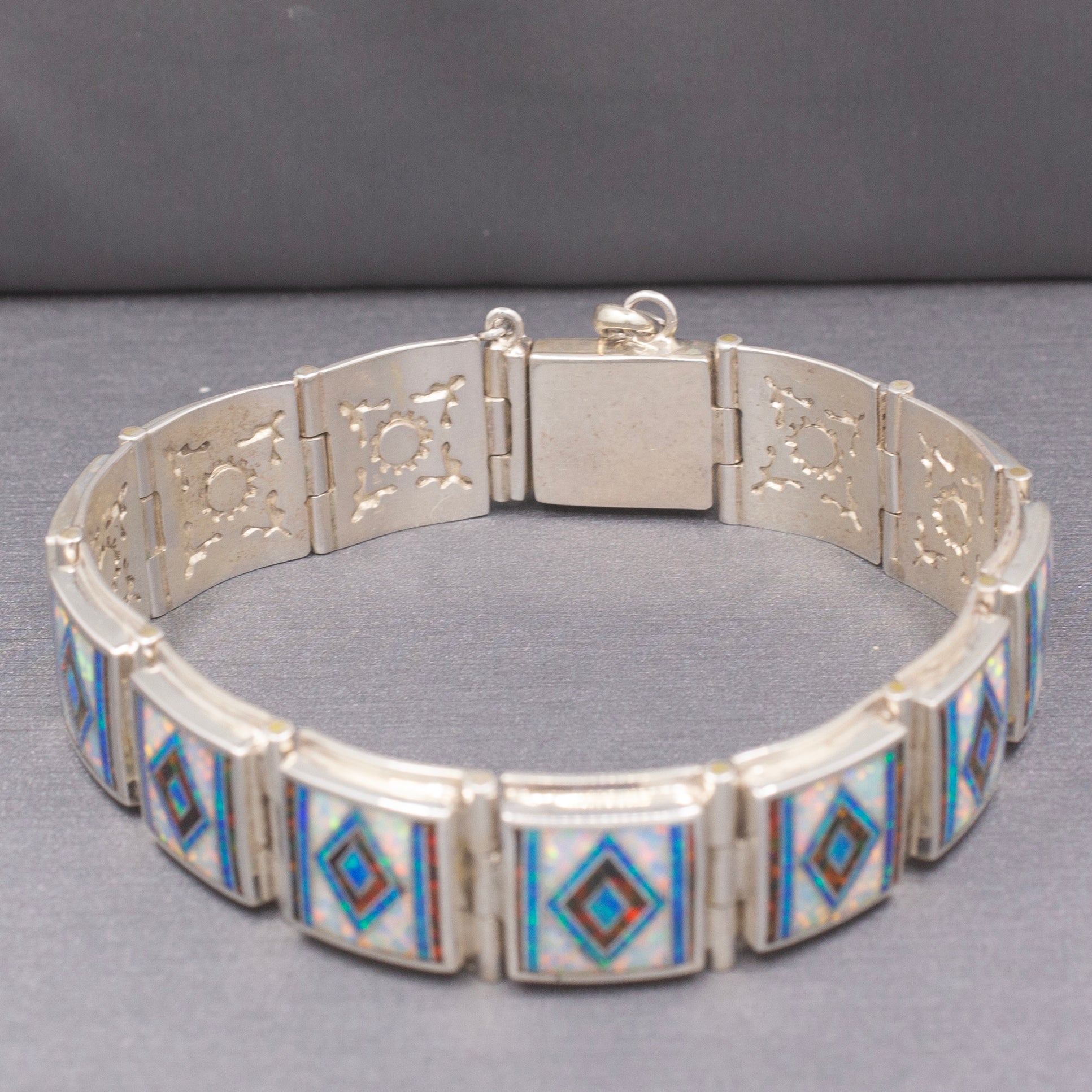 Bold Vintage M. Benally Men's Opal Inlay Bracelet in Sterling Silver 8" | Southwestern Geometric Link