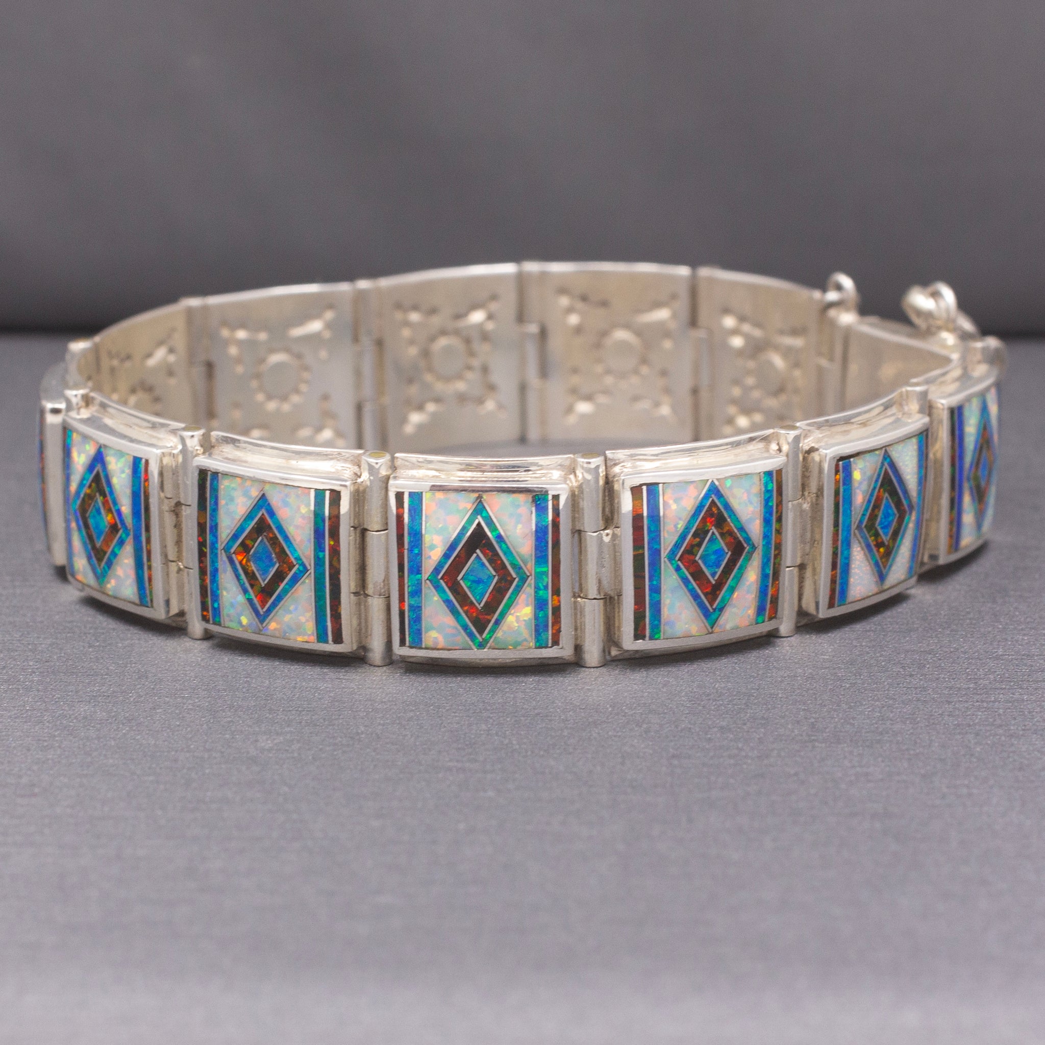 Bold Vintage M. Benally Men's Opal Inlay Bracelet in Sterling Silver 8" | Southwestern Geometric Link