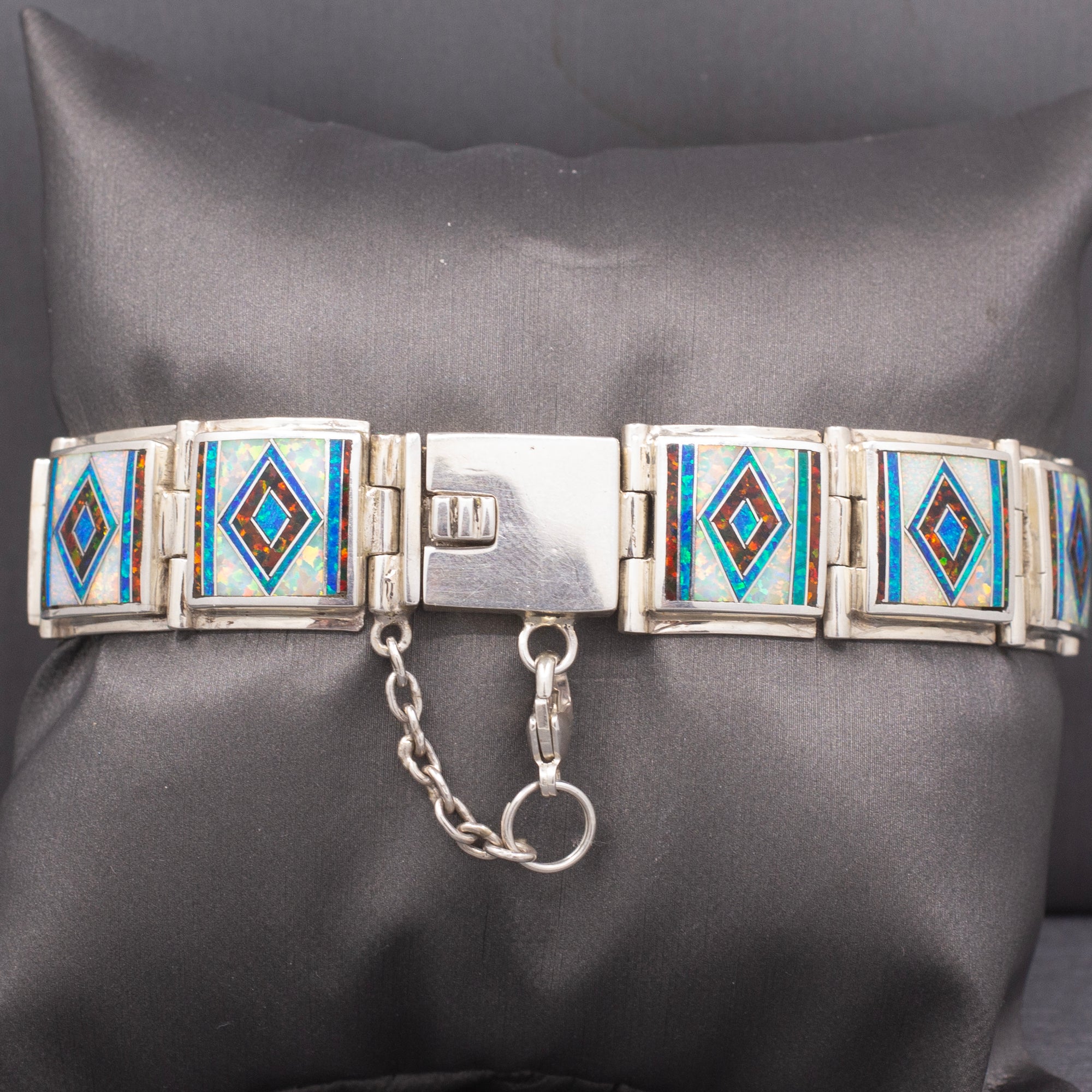 Bold Vintage M. Benally Men's Opal Inlay Bracelet in Sterling Silver 8" | Southwestern Geometric Link