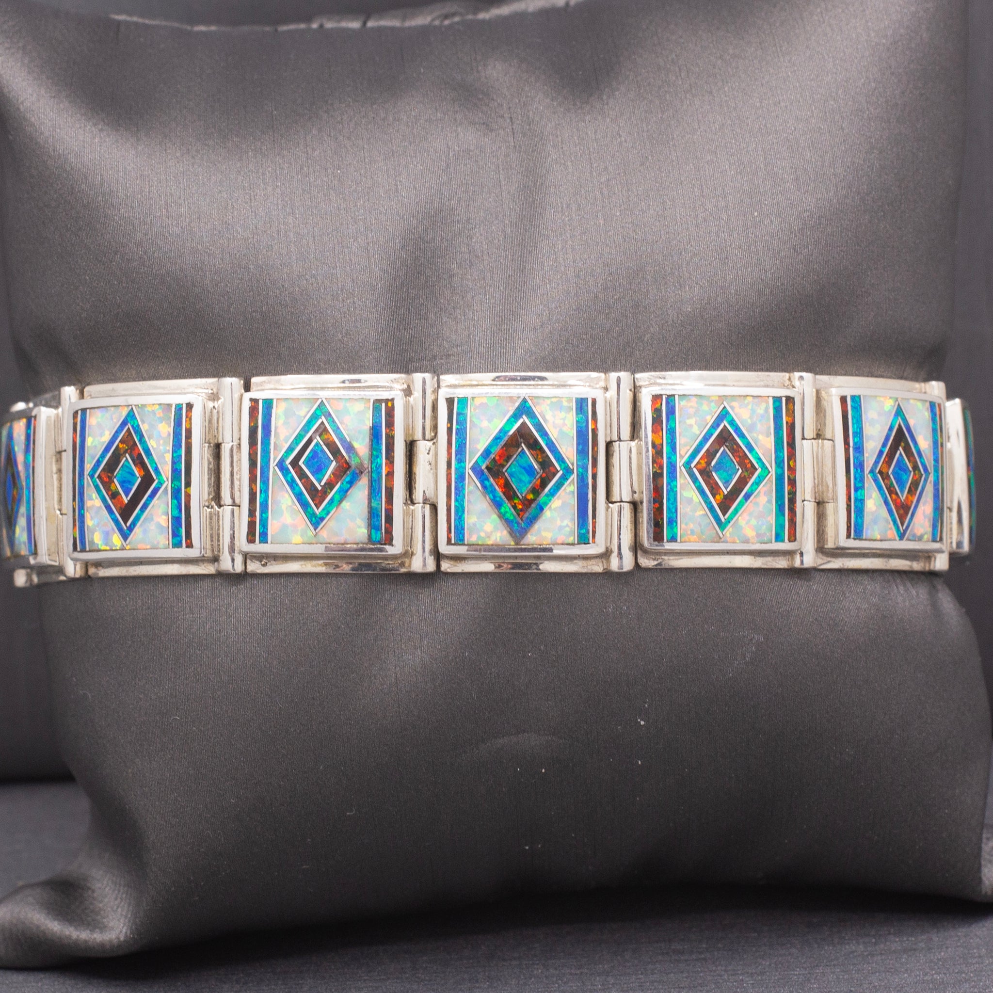 Bold Vintage M. Benally Men's Opal Inlay Bracelet in Sterling Silver 8" | Southwestern Geometric Link