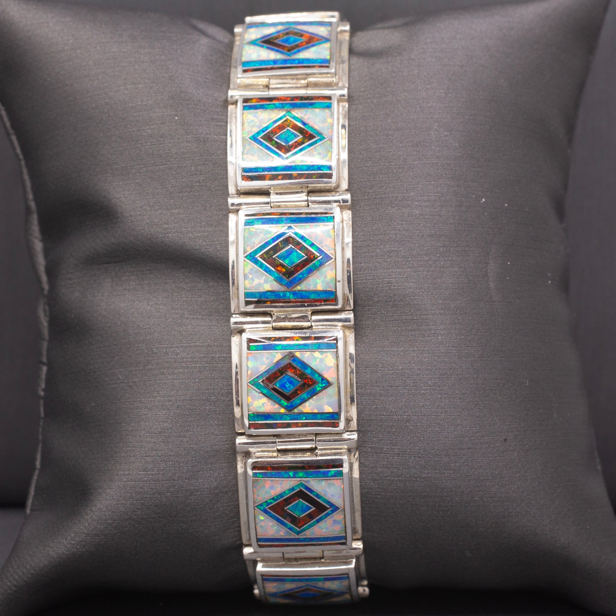 Bold Vintage M. Benally Men's Opal Inlay Bracelet in Sterling Silver 8" | Southwestern Geometric Link