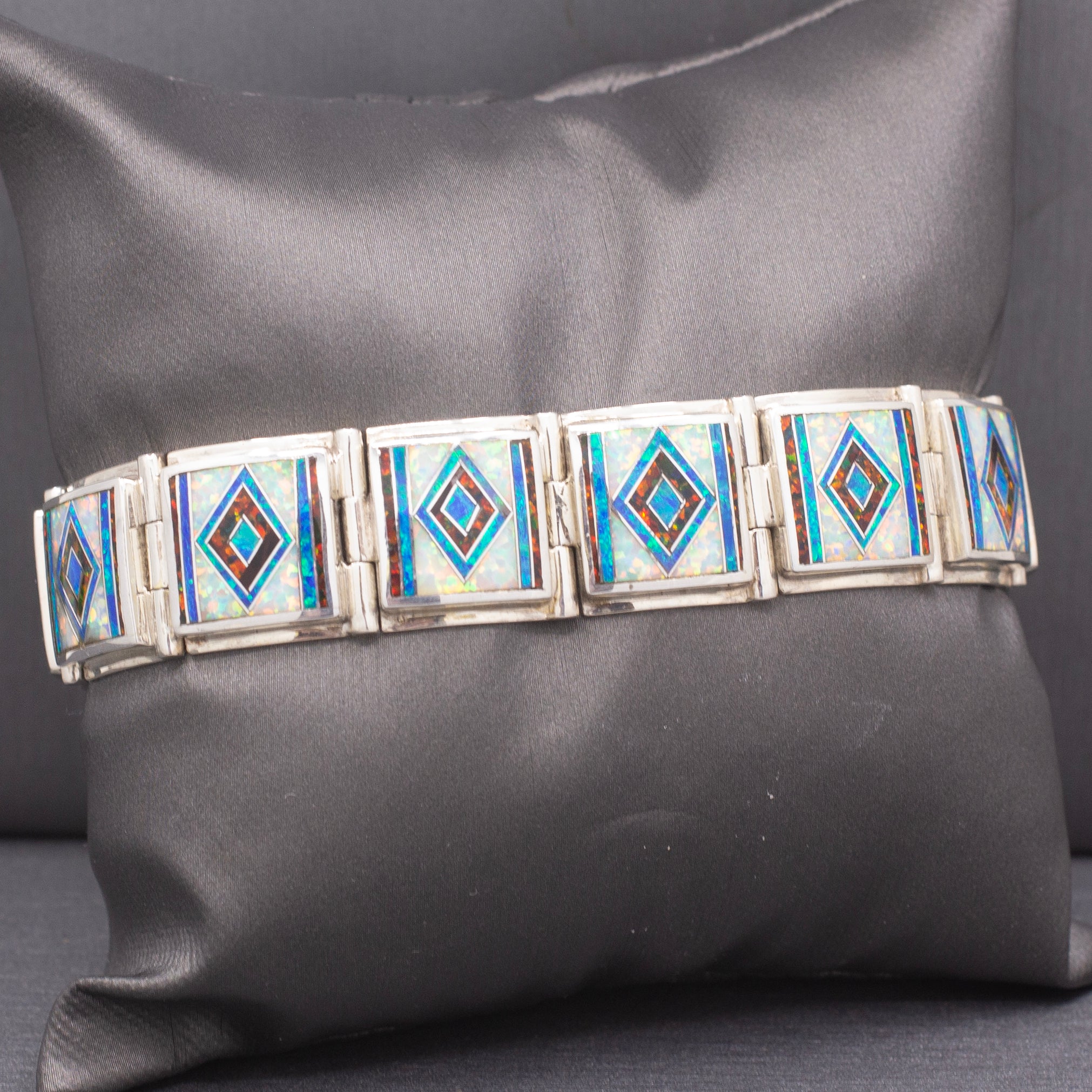 Bold Vintage M. Benally Men's Opal Inlay Bracelet in Sterling Silver 8" | Southwestern Geometric Link
