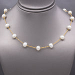 Classic Pearl "Tin Cup" Station Necklace in 14k Yellow Gold