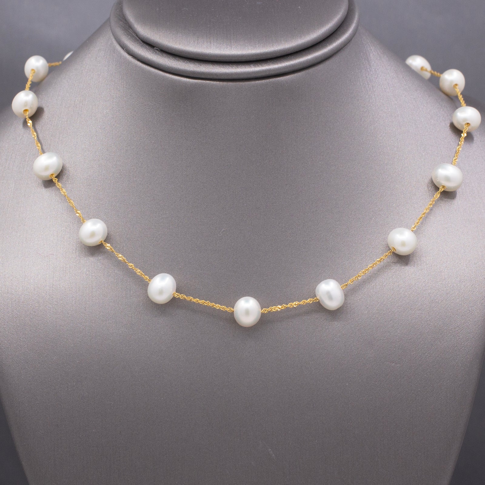Classic Pearl "Tin Cup" Station Necklace in 14k Yellow Gold