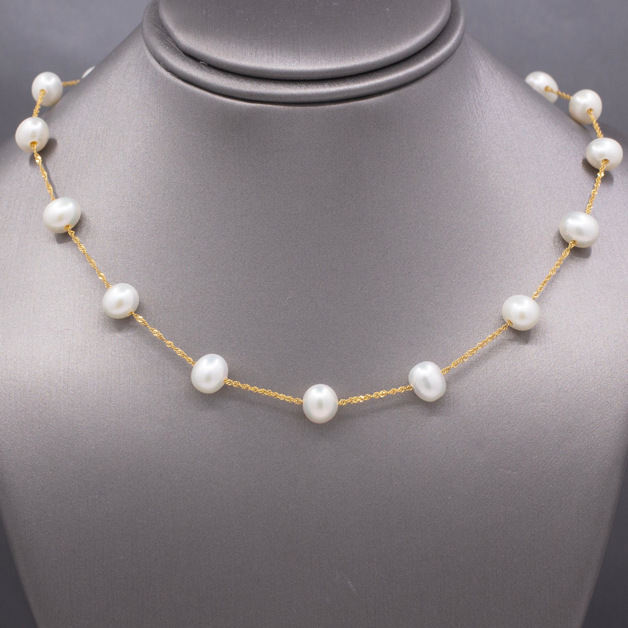 Classic Pearl "Tin Cup" Station Necklace in 14k Yellow Gold