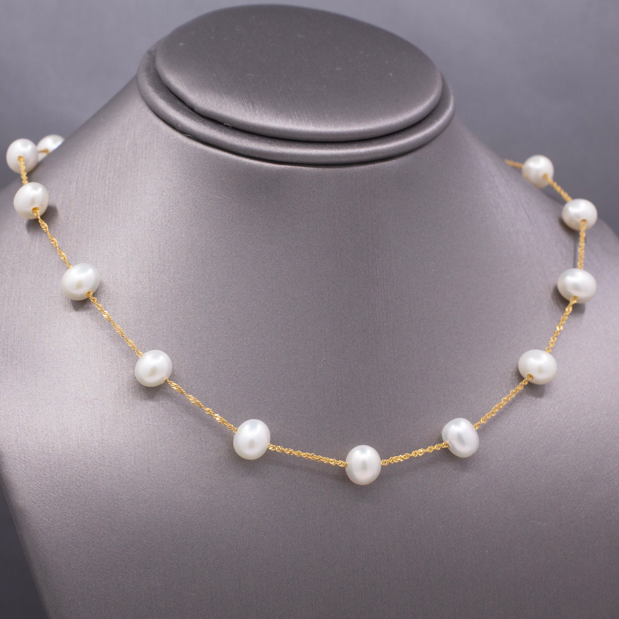 Classic Pearl "Tin Cup" Station Necklace in 14k Yellow Gold