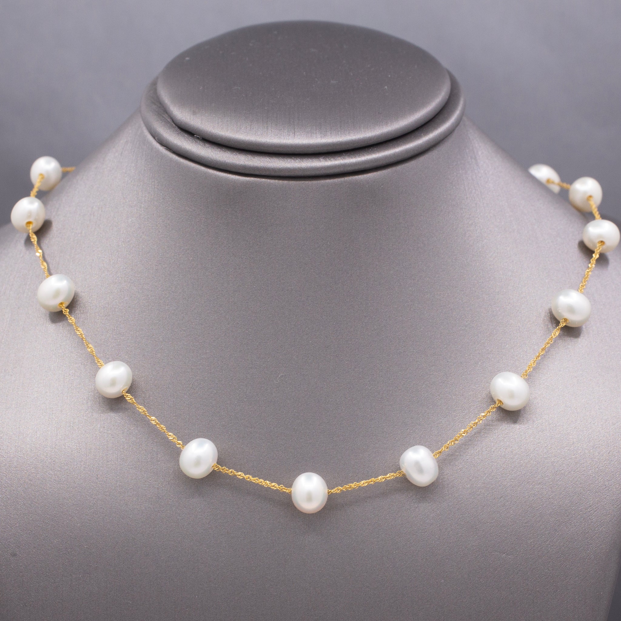 Classic Pearl "Tin Cup" Station Necklace in 14k Yellow Gold