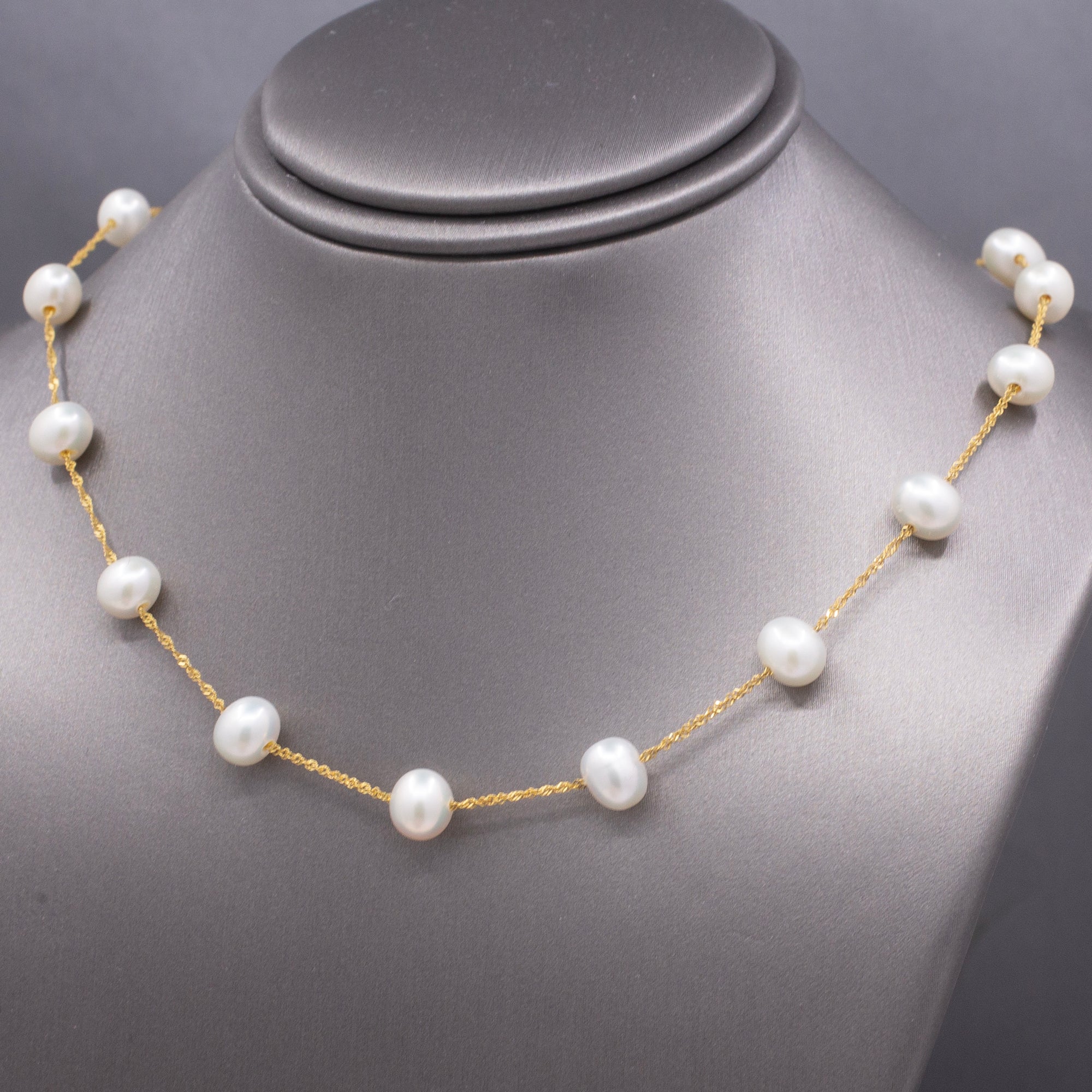 Classic Pearl "Tin Cup" Station Necklace in 14k Yellow Gold