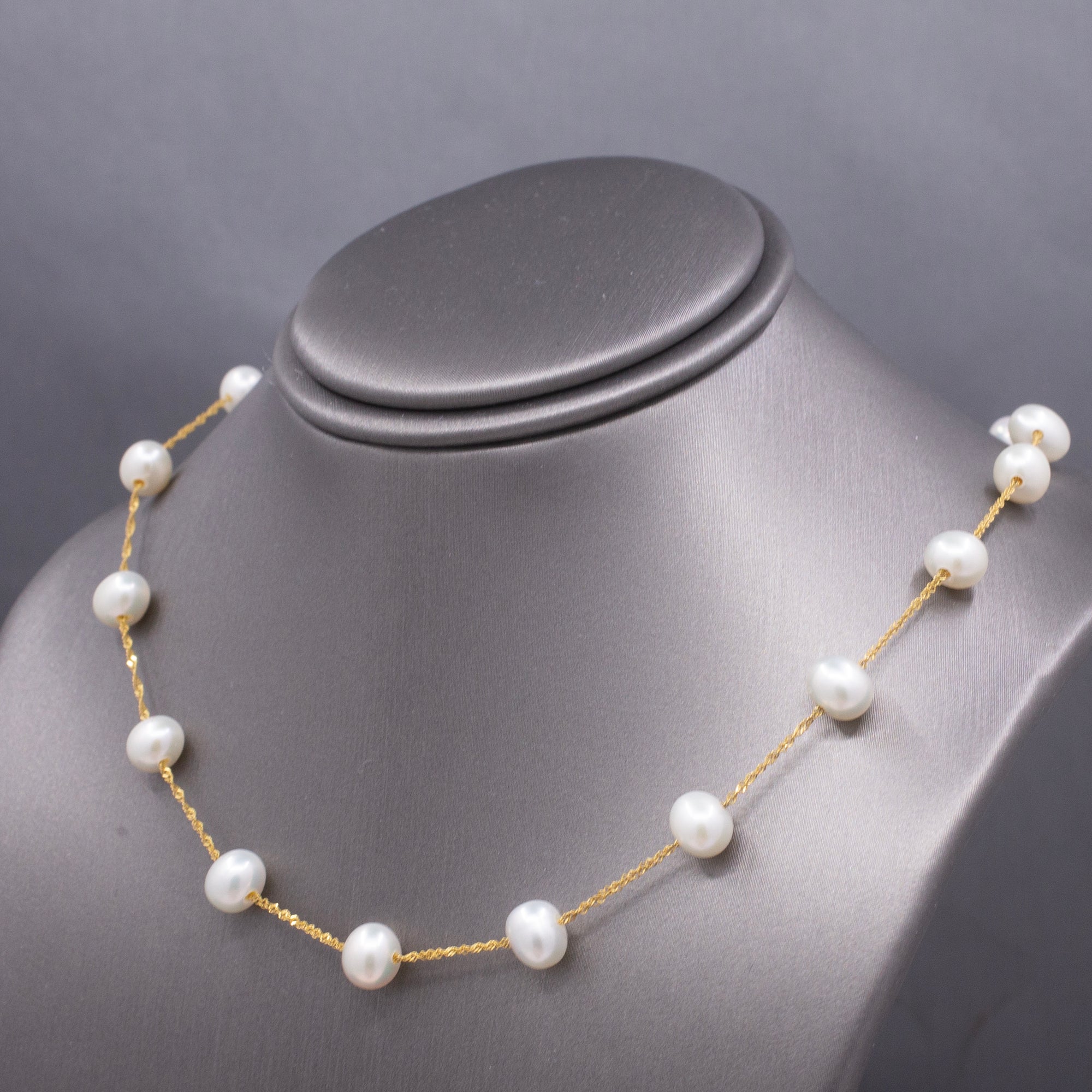 Classic Pearl "Tin Cup" Station Necklace in 14k Yellow Gold