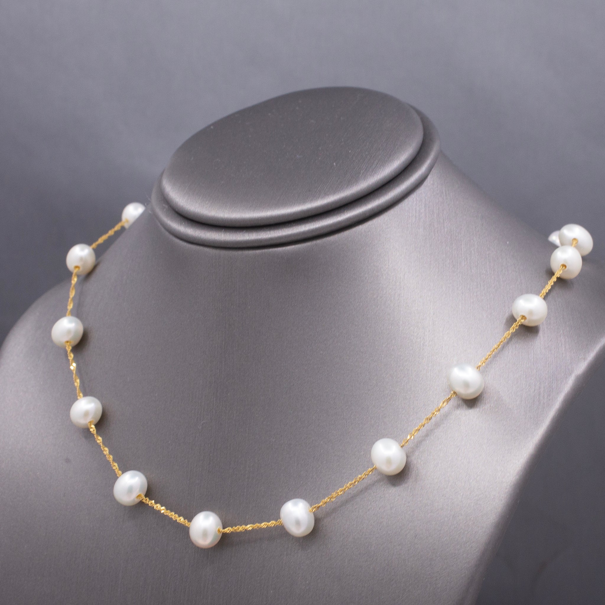 Classic Pearl "Tin Cup" Station Necklace in 14k Yellow Gold
