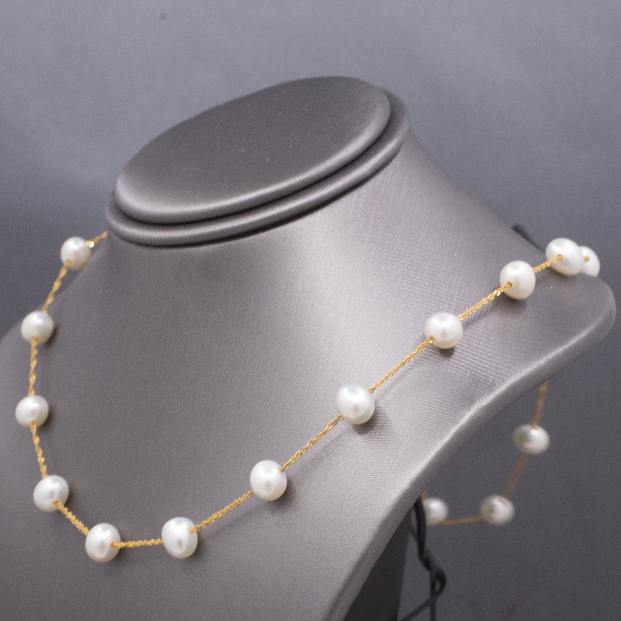 Classic Pearl "Tin Cup" Station Necklace in 14k Yellow Gold