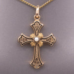 Victorian Enamel and Pearl Christian Cross Pendant in 14k Yellow Gold
