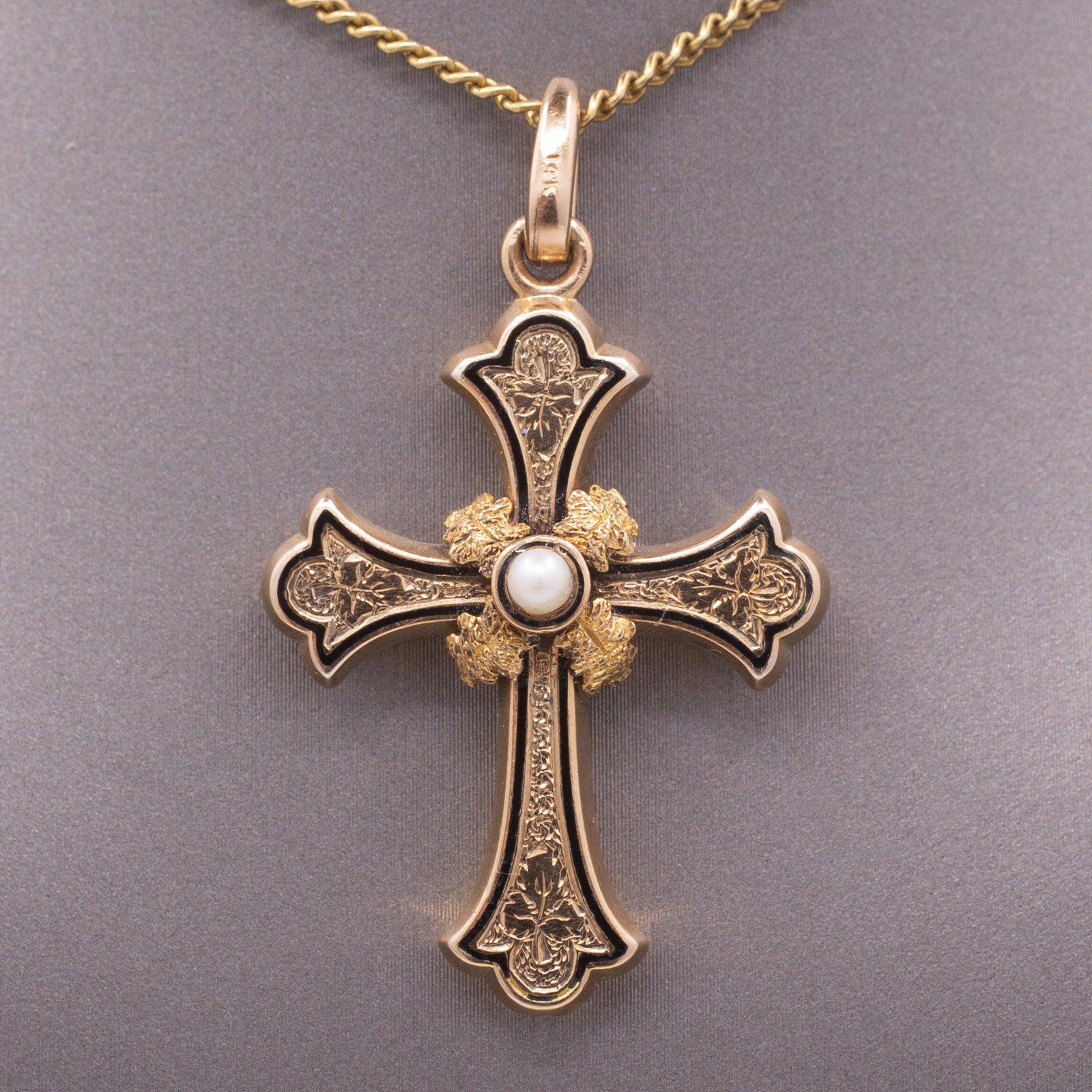 Victorian Enamel and Pearl Christian Cross Pendant in 14k Yellow Gold