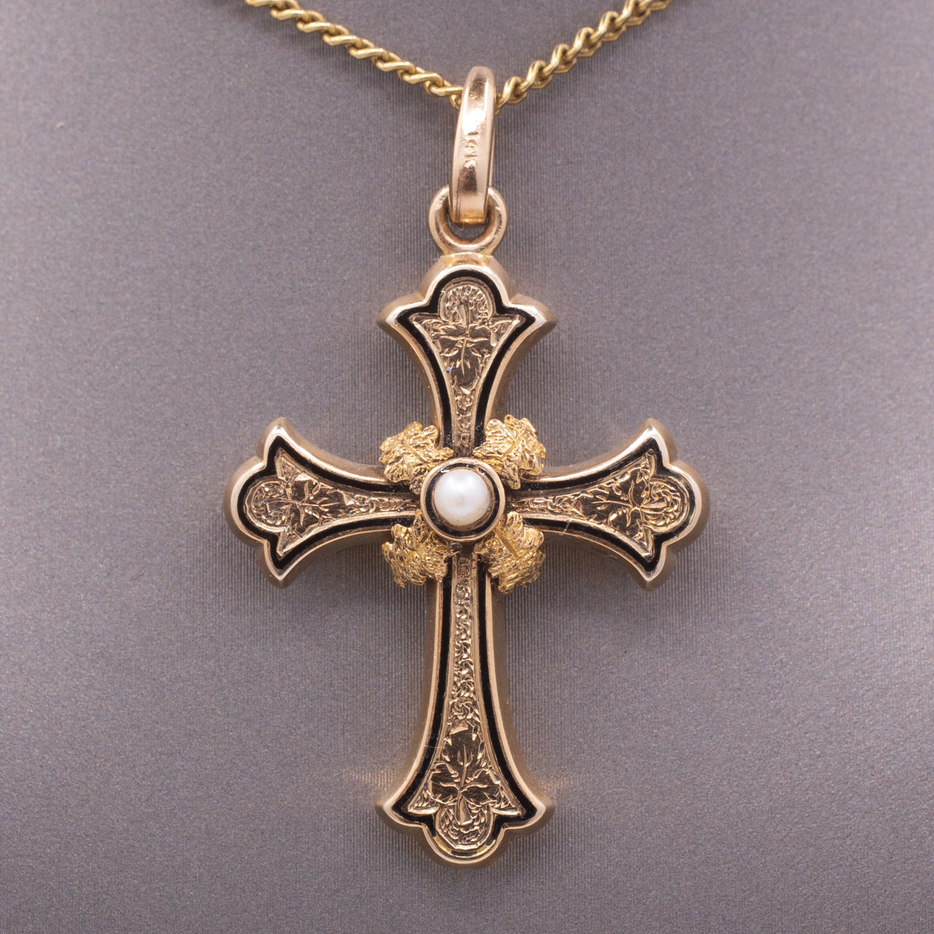 Victorian Enamel and Pearl Christian Cross Pendant in 14k Yellow Gold