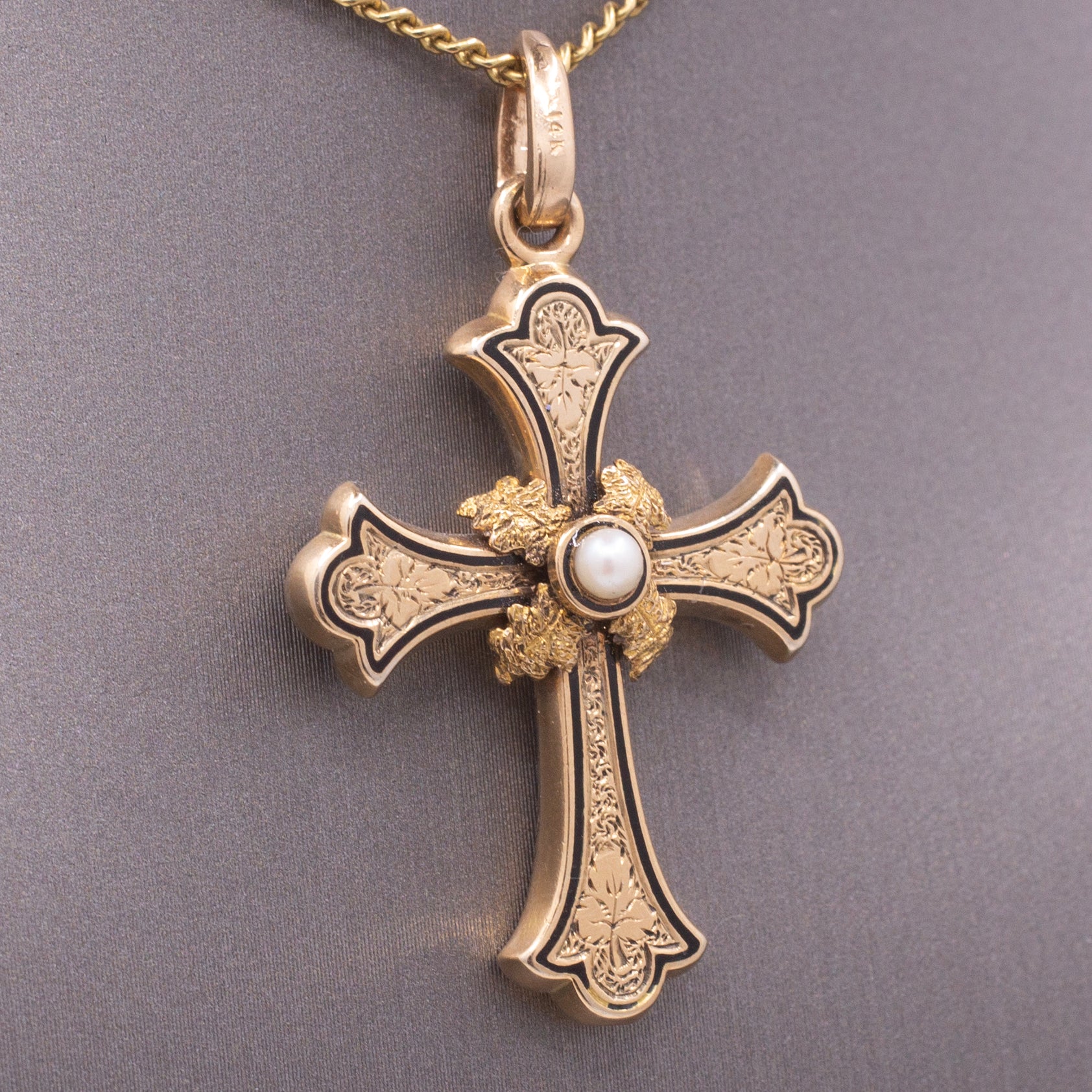 Victorian Enamel and Pearl Christian Cross Pendant in 14k Yellow Gold