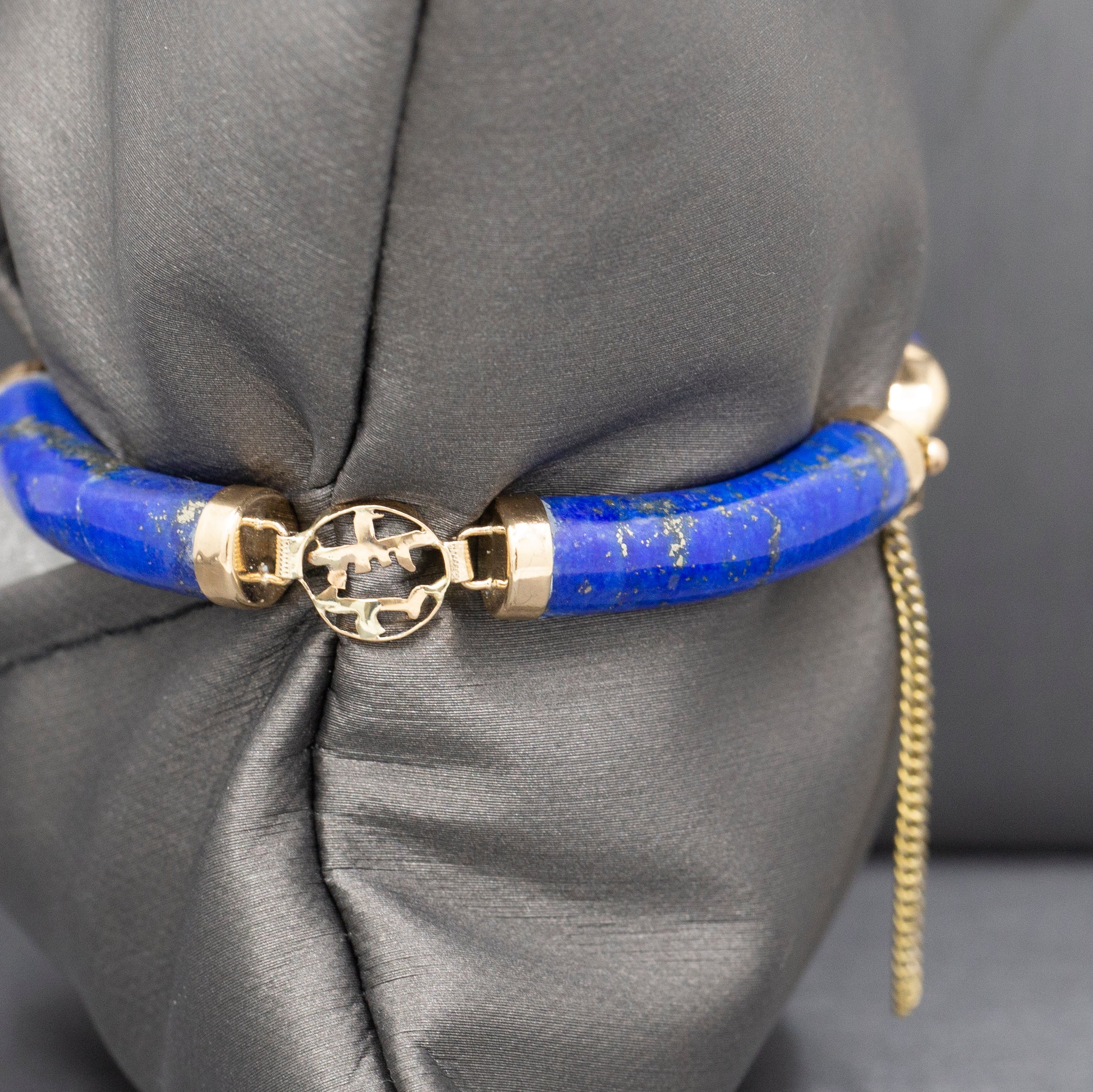 Vintage Lapis Lazuli Section Bracelet with Chinese Characters in 14k Yellow Gold