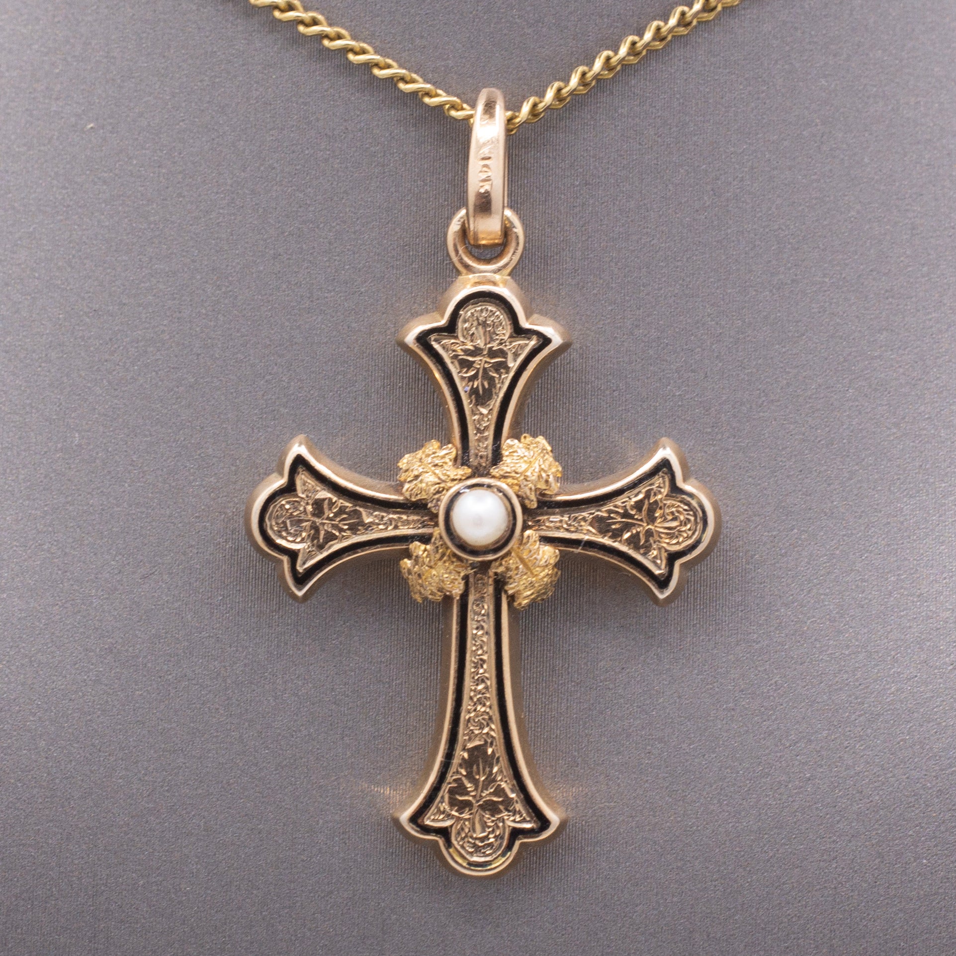 Victorian Enamel and Pearl Christian Cross Pendant in 14k Yellow Gold