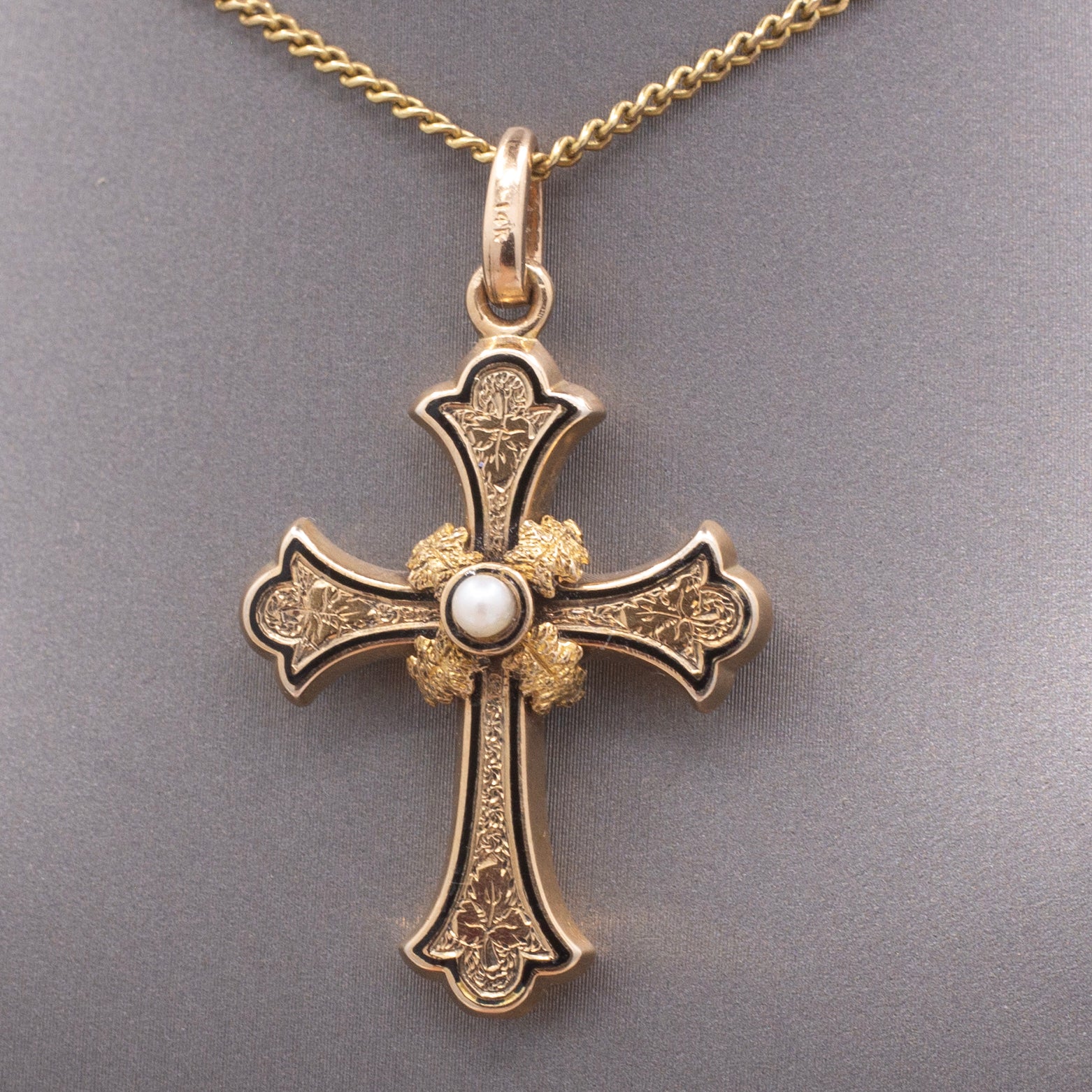 Victorian Enamel and Pearl Christian Cross Pendant in 14k Yellow Gold