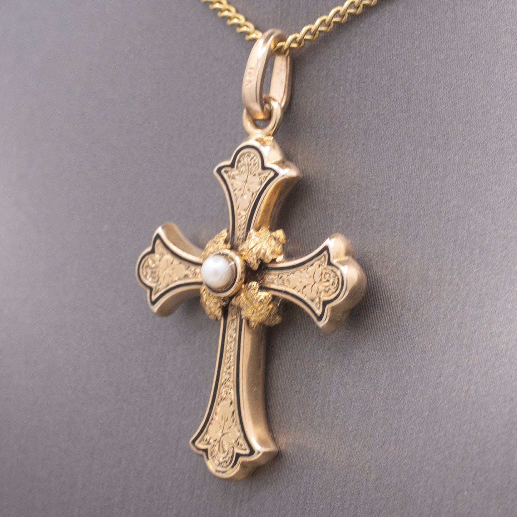 Victorian Enamel and Pearl Christian Cross Pendant in 14k Yellow Gold