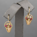 Late Art Deco Ruby and Diamond Flower Basket Earrings in 14k Yellow Gold